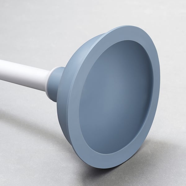 Grey plastic plunger with white handle, designed to unclog drains.