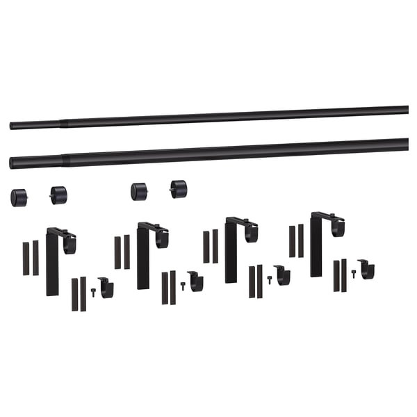 Image displays black curtain rod components: 2 rods, 4 brackets, 4 holders, 4 finials, and liners.