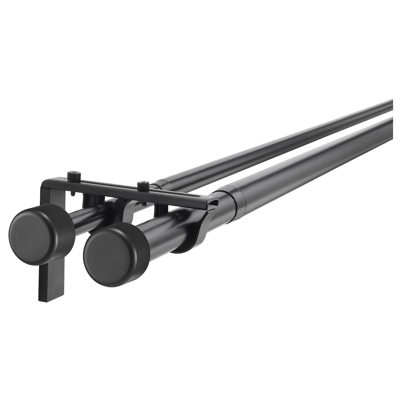 Black HUGAD curtain rod set with extendable rods, brackets, and finials for double-layer curtains.