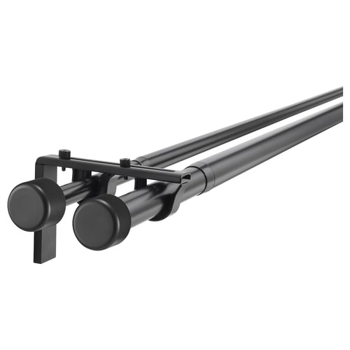 Black HUGAD curtain rod set with extendable rods, brackets, and finials for double-layer curtains.