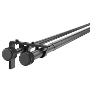 Black HUGAD curtain rod set with extendable rods, brackets, and finials for double-layer curtains.