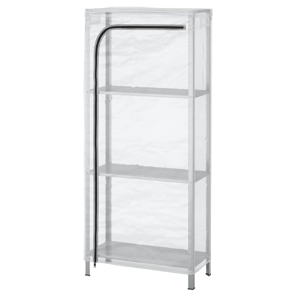 A HYLLIS shelf with transparent cover, white, galvanised steel, plastic feet, air circulation, small greenhouse.