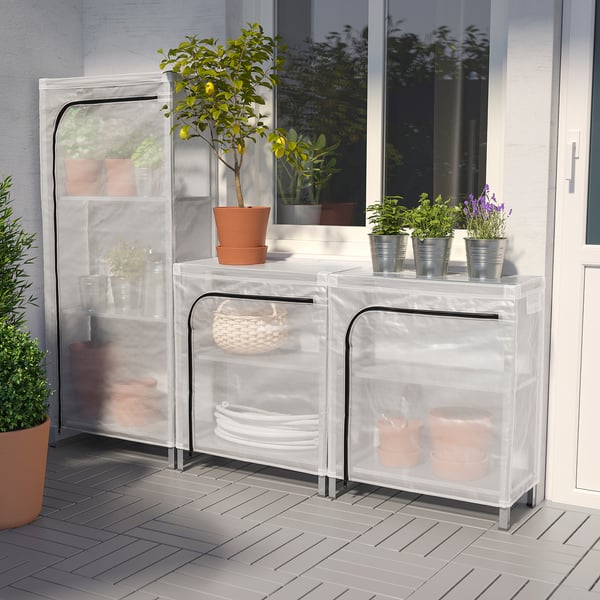 Mini greenhouse & shelf unit: HYLLIS, white, mesh & metal, compact, outdoor.