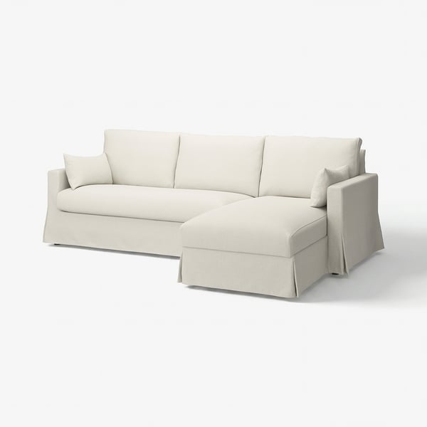 HYLTARP beige sectional sofa, 3-seat with chaise, clean lines, comfy, fabric with linen & viscose.