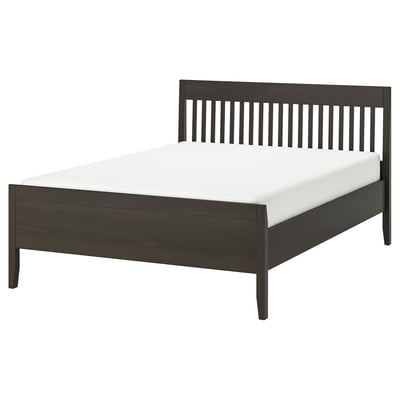 IDANÄS bed: dark wood, rectangular, with vertical slatted headboard.