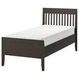 Dark wood bed frame with vertical slats, featuring a clean design and white mattress.