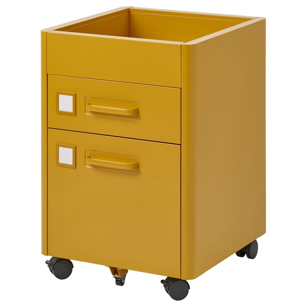 An IDÅSEN filing cabinet in golden yellow with three drawers, castors, and a sleek design.
