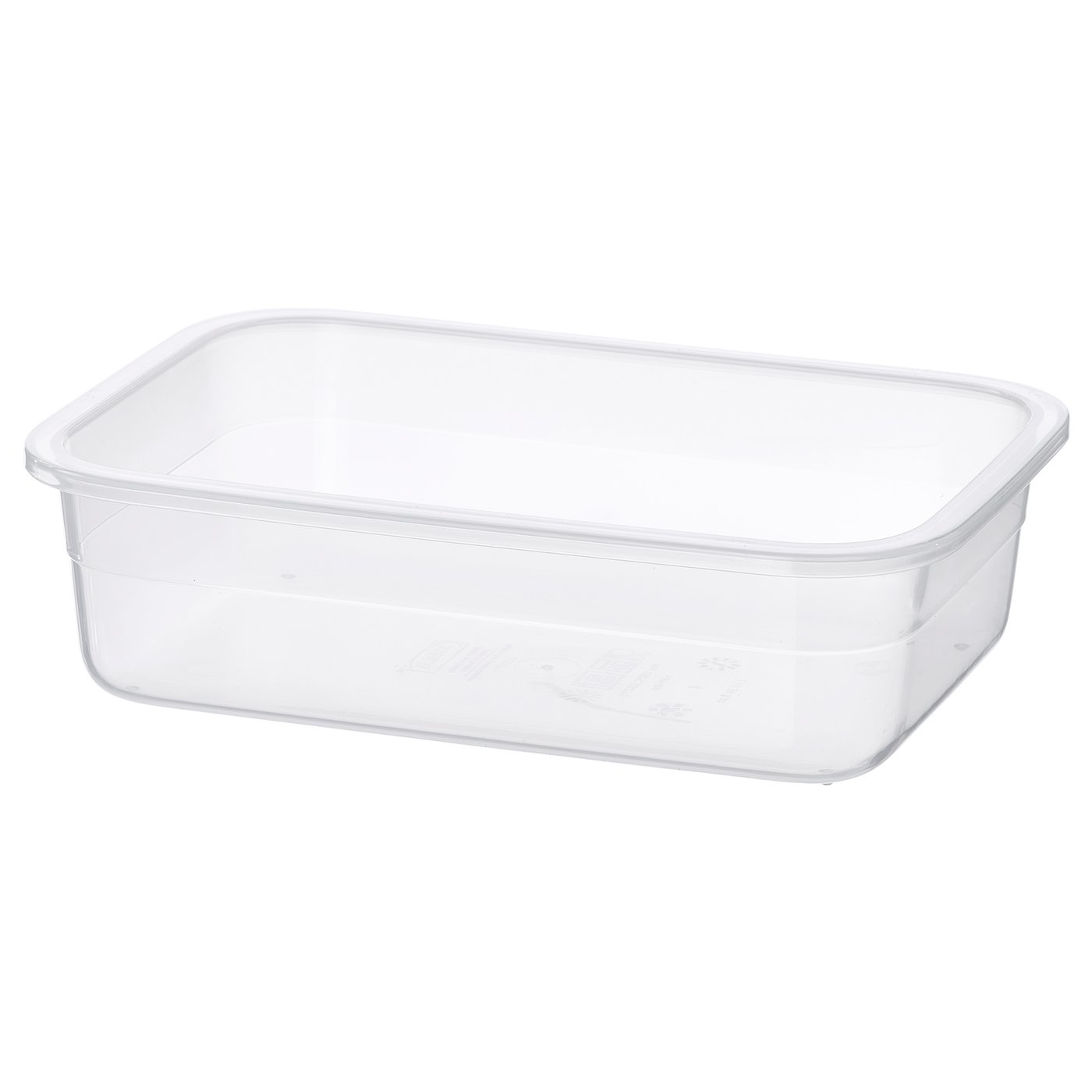 A clear, rectangular IKEA 365+ food container made of durable polypropylene plastic, designed for storing leftovers efficiently.