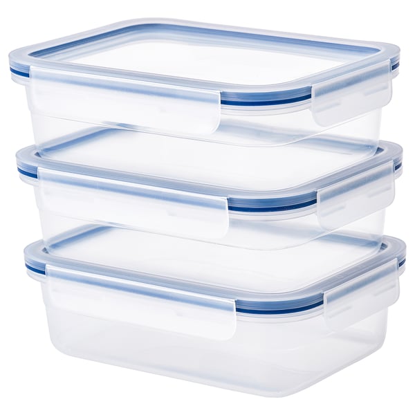 Three clear plastic, blue-lidded IKEA 365+ food containers stacked neatly, square-shaped with secure lid seals.