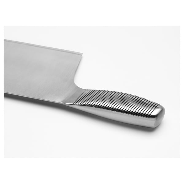 Stainless steel knife with ridged handle for grip, sharp blade.