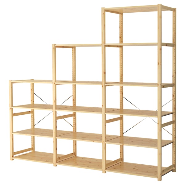IVAR storage shelves, light brown, wooden, multi-unit, open design, with adjustable shelves.