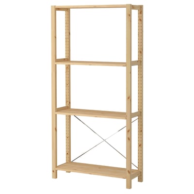 IVAR: natural wood three-shelf unit, sturdy pine construction, customizable spacing, minimalist design.