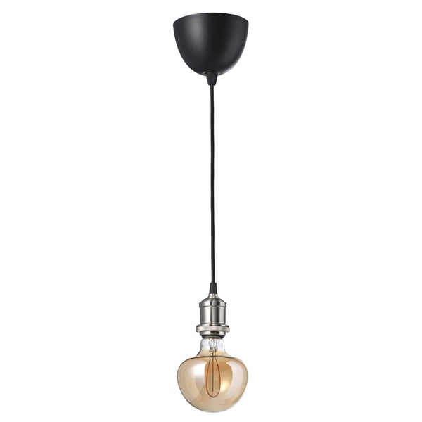 A JÄLLBY pendant lamp with a black cord, featuring a warm, brown led bulb.