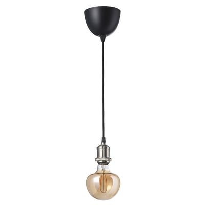 A JÄLLBY pendant lamp with a black cord, featuring a warm, brown led bulb.