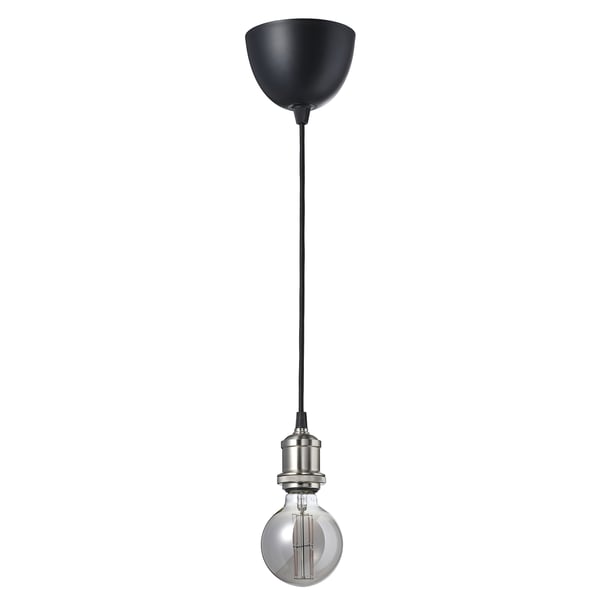 A JÄLLBY pendant lamp with a black cord, a smoke-colored glass bulb, and a nickel-plated ring. Its simple and modern.
