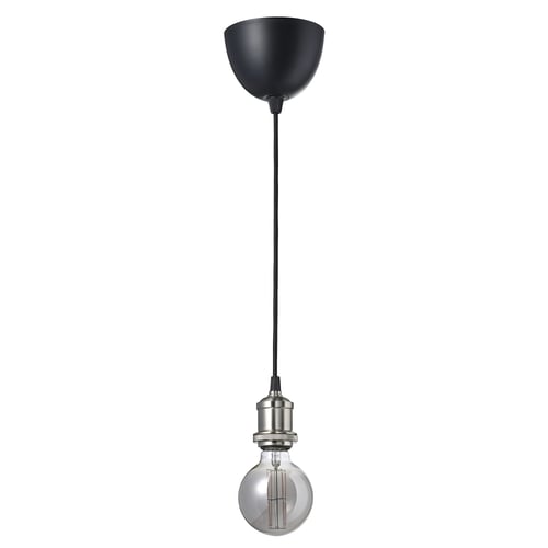 A JÄLLBY pendant lamp with a black cord, a smoke-colored glass bulb, and a nickel-plated ring. Its simple and modern.