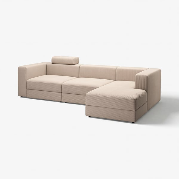 Modern beige modular sofa, soft cushions, streamlined design, includes chaise longue.