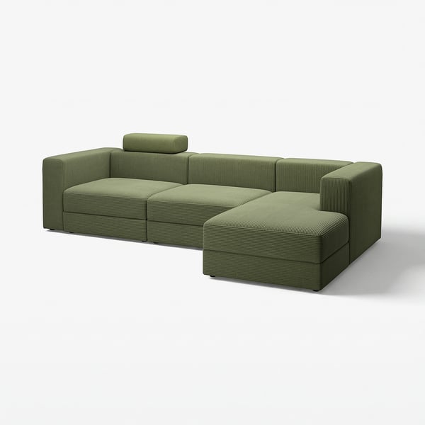 Modern green l-shaped sofa with removable cushions for comfort and storage.