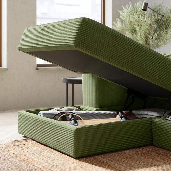 Green corduroy modular sofa with storage, modern design & deep seats.