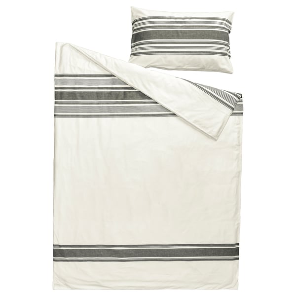 JÄTTEFRÄKEN bedding set, white & black stripes, cotton, rectangular, minimalist design.