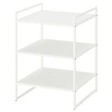 White metal storage shelf with 3 empty shelves. Rust-resistant steel, simple design for organised spaces.