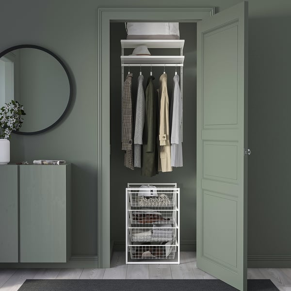 Small white JONAXEL storage organiser, metal, rectangular, fits neatly in closet, holds jackets, simple design.
