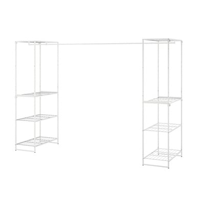 JOSTEIN white storage system with adjustable clothing rod and metal shelves for versatile indoor and outdoor use.