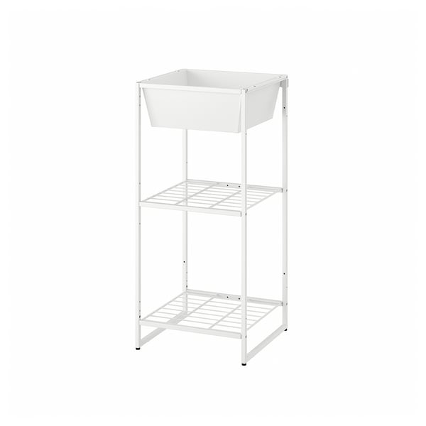 A white JOSTEIN storage unit with a powder-coated steel frame and galvanised steel container, designed for indoor and outdoor use.