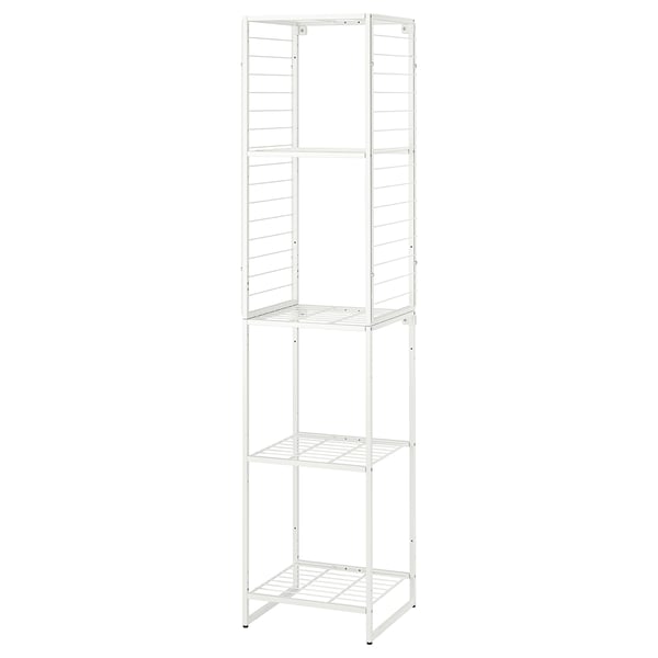 A white JOSTEIN metal shelving unit with three open shelves, ideal for storage in humid areas.