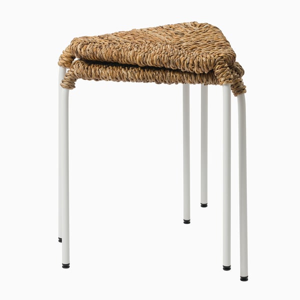 JUTEBODA stool: braided banana seat, 3 stable white legs, stacks. Indoor use.