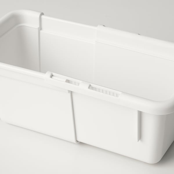White extendable plastic storage box. Sleek, practical design for efficient space utilisation.