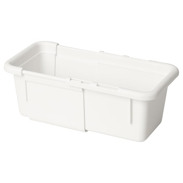 A white extendable plastic storage box named KACKLA, rectangular in shape, designed to organise items efficiently.