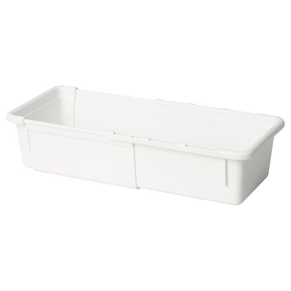 A white KACKLA extendable plastic storage box. It adjusts from 18-28 cm, ideal for organising spaces efficiently.