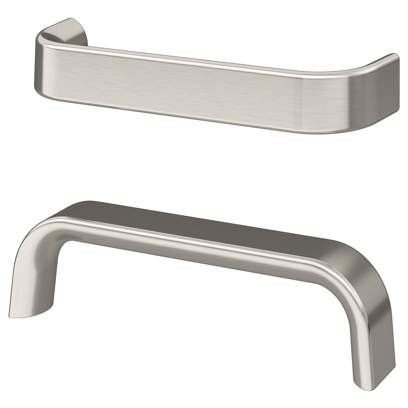Modern stainless steel KALERUM handles, sleek and angular, perfect for kitchen cabinets.