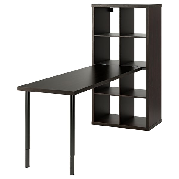 KALLAX: modern dark wooden desk with adjustable legs and open shelves for storage.