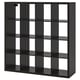 Black KALLAX cube shelving unit, modern design with 16 square sections, made from particleboard and fibreboard.