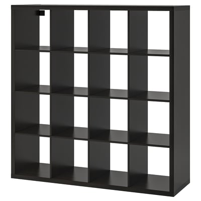 Black KALLAX cube shelving unit, modern design with 16 square sections, made from particleboard and fibreboard.