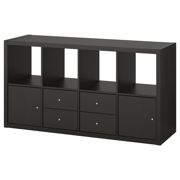 A black ikea KALLAX shelf unit with drawers and open compartments. Its modular design offers versatile storage solutions.