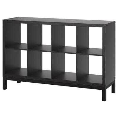 Black KALLAX shelving unit, rectangular, 3x3 grid, open storage, modern design.