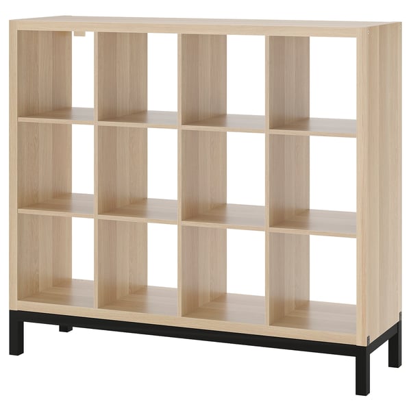 KALLAX light oak cube shelving, wooden, rectangular, open design.