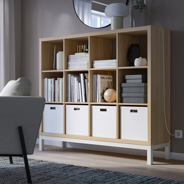 KALLAX light wood bookshelf: tall, wide, open & boxed storage for books, decor, modern minimal design.