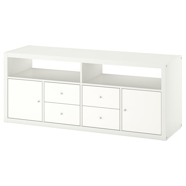 White KALLAX tv stand with storage compartments and drawers.