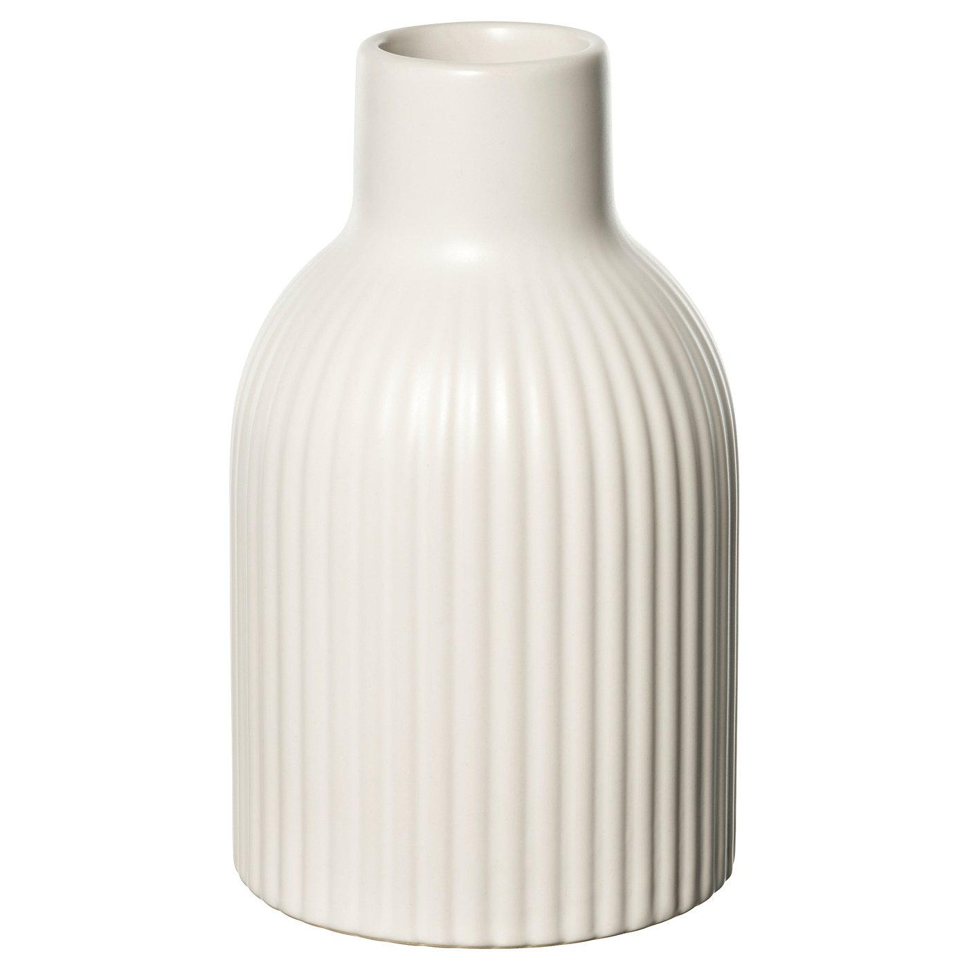 A KAPKASTANJ vase. Its off-white, made of stoneware with a textured, grooved design. The shape is cylindrical and tall, perfect for long stems.
