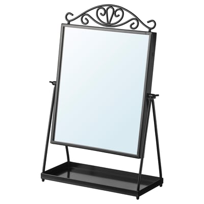 Black KARMSUND mirror: adjustable, with shelf, ornate top, steel & glass.