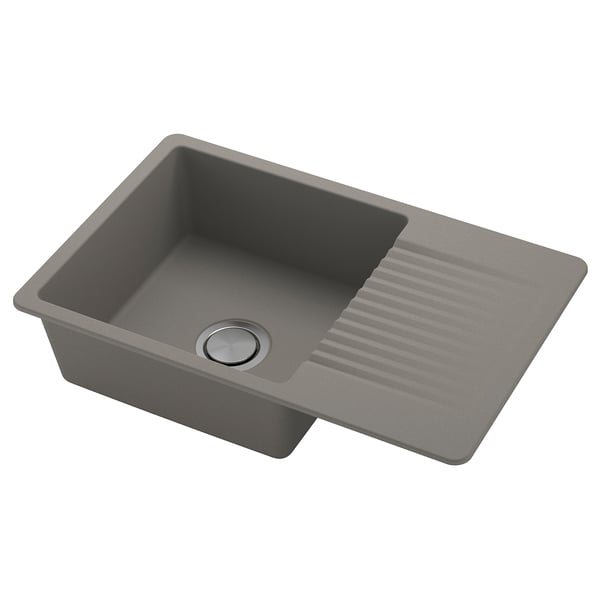 KILSVIKEN grey quartz sink, single bowl with drainboard, durable, stain-resistant, unique natural pattern.