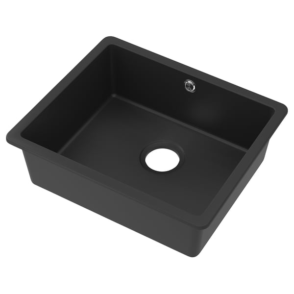 Black KILSVIKEN sink, rectangular, single basin, quartz composite material. Deep, sleek design, modern kitchen essential.