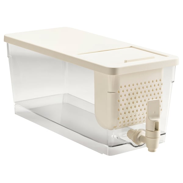 KLIPPKAKTUS white fridge dispenser, slanted clear base, beige lid & tap, perforated side, easy-pour design.