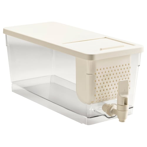 KLIPPKAKTUS white fridge dispenser, slanted clear base, beige lid & tap, perforated side, easy-pour design.