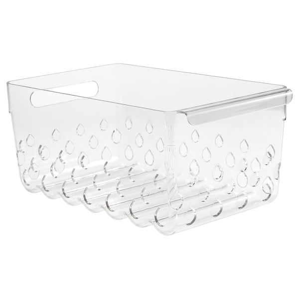 KLIPPKAKTUS: clear storage basket with handles and ventilation, perfect for fridge organisation.