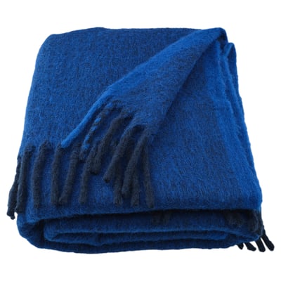 KLIPPOXEL: bright blue, square throw blanket, soft & warm, folded neatly.